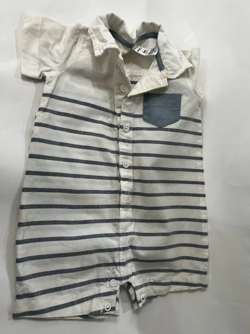 Carter’s 6M Baby Boy Striped Collared Shortall Romper Blue White